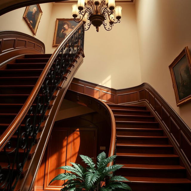 A beautifully detailed staircase spiraling upwards, made of rich mahogany wood, adorned with elegant wrought-iron railings