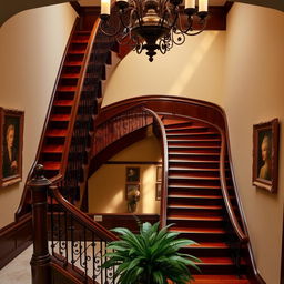A beautifully detailed staircase spiraling upwards, made of rich mahogany wood, adorned with elegant wrought-iron railings