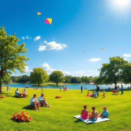 A vibrant summer scene featuring a lush green park under a clear blue sky