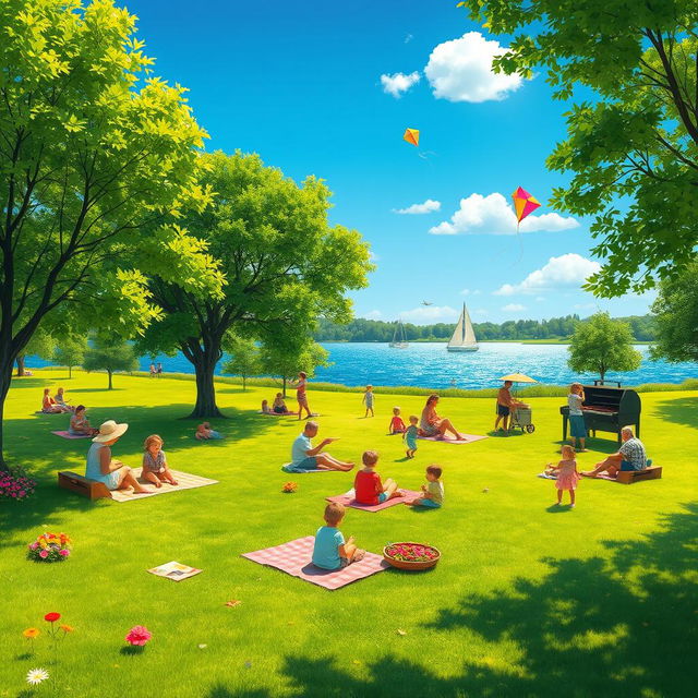 A vibrant summer scene featuring a lush green park under a clear blue sky