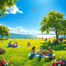 A vibrant summer scene featuring a lush green park under a clear blue sky