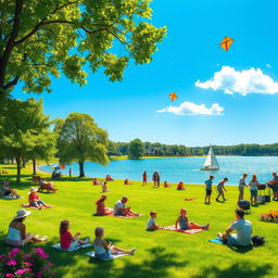 A vibrant summer scene featuring a lush green park under a clear blue sky