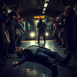 A dramatic and suspenseful scene set in a dimly lit subway station