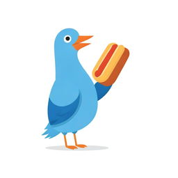 A fun cartoon cardboard blue pigeon humorously integrated with a hot dog, contrasted against a stark white background