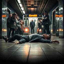 A dramatic and suspenseful scene set in a dimly lit subway station