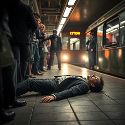 A dramatic and suspenseful scene set in a dimly lit subway station