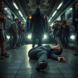 A dramatic and suspenseful scene set in a dimly lit subway station