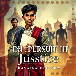 A captivating book cover design for "In Pursuit of Justice: Tales of Lawyer Ramachandra Shastry" featuring a determined young Indian lawyer in traditional attire, holding legal documents and looking composed yet intense
