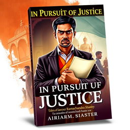 A captivating book cover design for "In Pursuit of Justice: Tales of Lawyer Ramachandra Shastry" featuring a determined young Indian lawyer in traditional attire, holding legal documents and looking composed yet intense