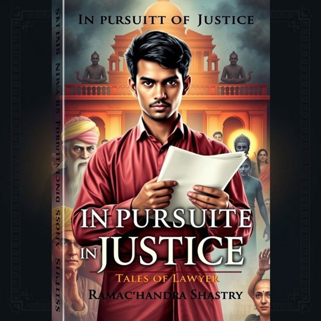 A captivating book cover design for "In Pursuit of Justice: Tales of Lawyer Ramachandra Shastry" featuring a determined young Indian lawyer in traditional attire, holding legal documents and looking composed yet intense