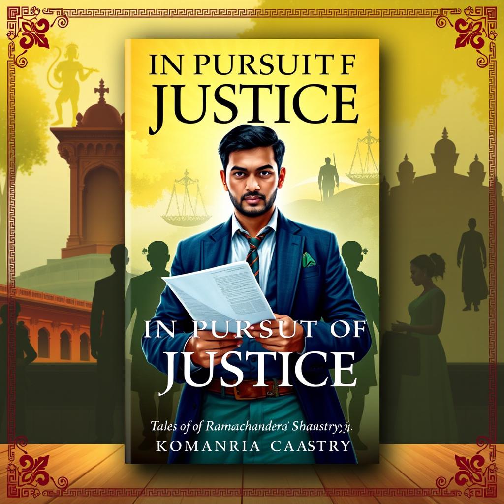 A captivating book cover design for "In Pursuit of Justice: Tales of Lawyer Ramachandra Shastry" featuring a determined young Indian lawyer in traditional attire, holding legal documents and looking composed yet intense