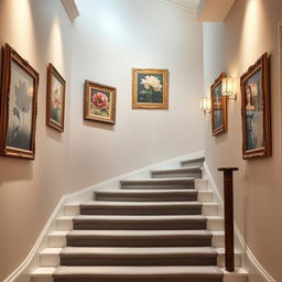 A beautifully designed interior staircase, featuring walls adorned with a soft color palette, elegant grey carpet leading up the steps, and five A3 size pictures hanging on the walls in ornate, fancy frames