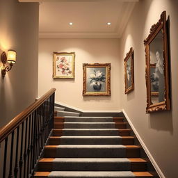 A beautifully designed interior staircase, featuring walls adorned with a soft color palette, elegant grey carpet leading up the steps, and five A3 size pictures hanging on the walls in ornate, fancy frames