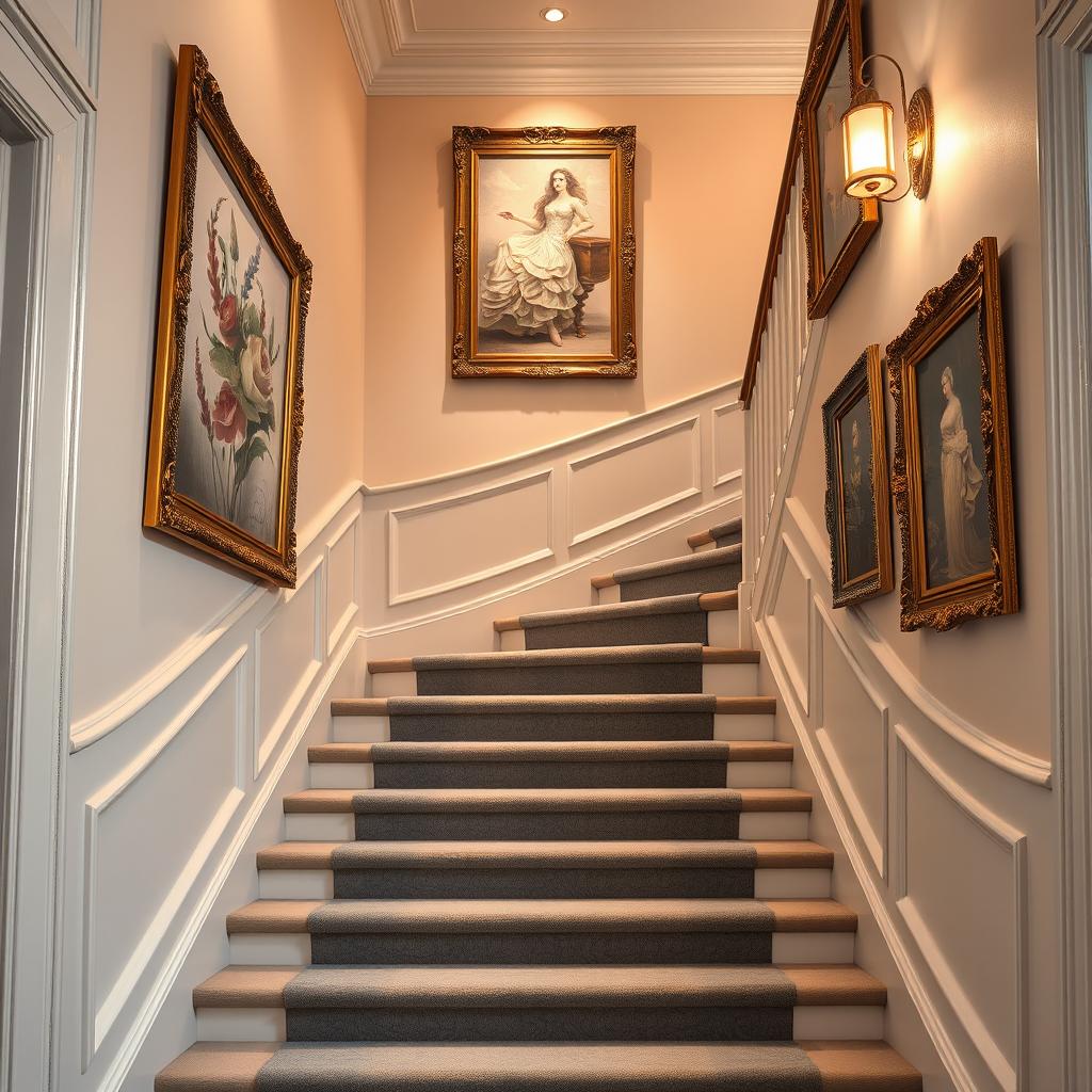 A beautifully designed interior staircase, featuring walls adorned with a soft color palette, elegant grey carpet leading up the steps, and five A3 size pictures hanging on the walls in ornate, fancy frames