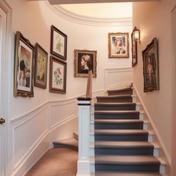 A beautifully designed interior staircase, featuring walls adorned with a soft color palette, elegant grey carpet leading up the steps, and five A3 size pictures hanging on the walls in ornate, fancy frames