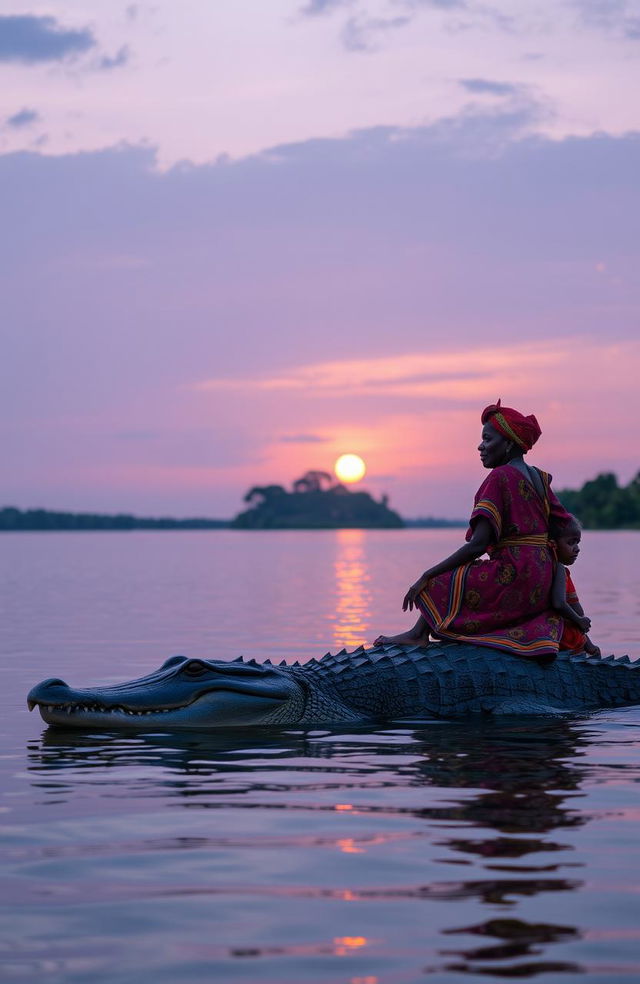 A serene dusk scene at the center of a tranquil lake, featuring a traditional African young man around 30 years old and an elderly woman dressed in vibrant traditional attire