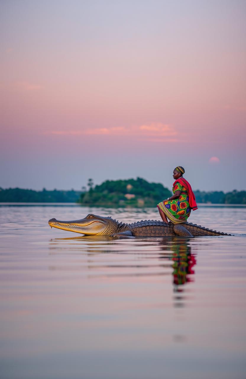 A serene dusk scene at the center of a tranquil lake, featuring a traditional African young man around 30 years old and an elderly woman dressed in vibrant traditional attire