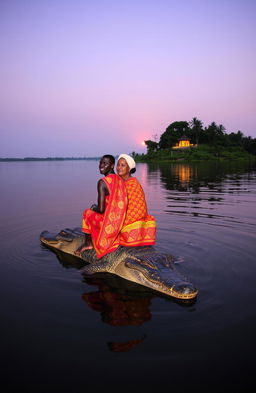 A serene dusk scene at the center of a tranquil lake, featuring a traditional African young man around 30 years old and an elderly woman dressed in vibrant traditional attire
