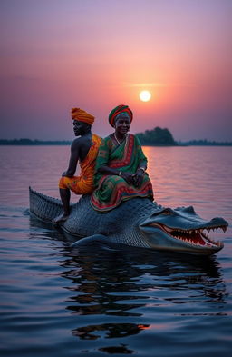 A serene dusk scene at the center of a tranquil lake, featuring a traditional African young man around 30 years old and an elderly woman dressed in vibrant traditional attire