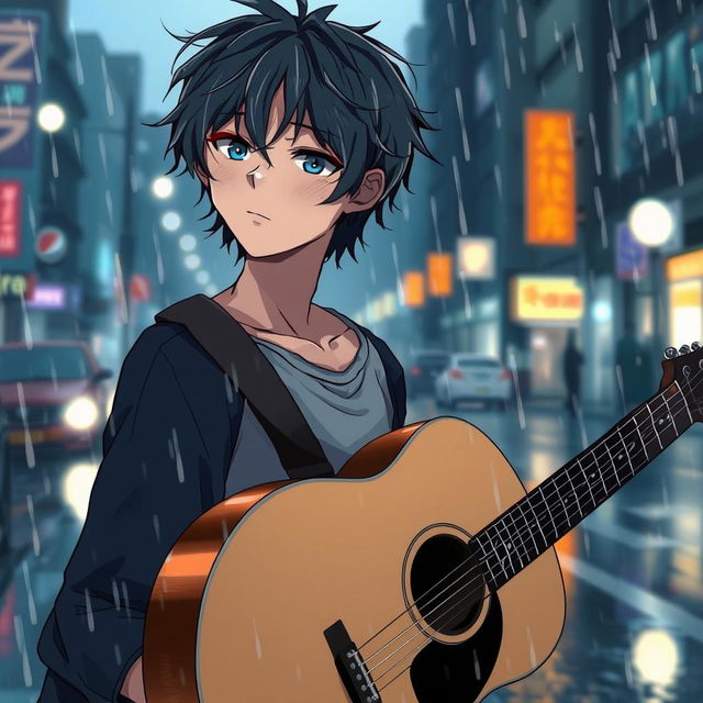 An anime-style illustration of a young man standing on a rainy day, holding a guitar