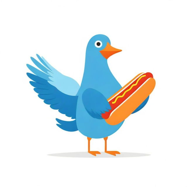 A fun cartoon cardboard blue pigeon humorously integrated with a hot dog, contrasted against a stark white background