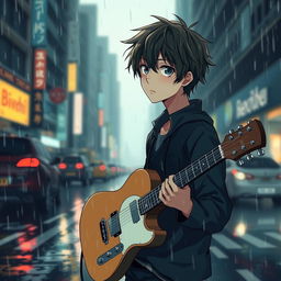 An anime-style illustration of a young man standing on a rainy day, holding a guitar