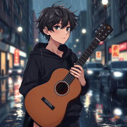 An anime-style illustration of a young man standing on a rainy day, holding a guitar