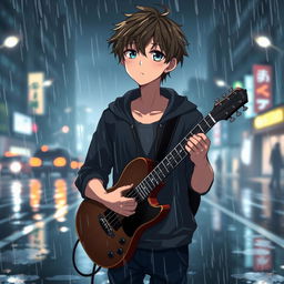 An anime-style illustration of a young man standing on a rainy day, holding a guitar