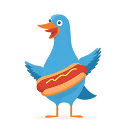 A fun cartoon cardboard blue pigeon humorously integrated with a hot dog, contrasted against a stark white background