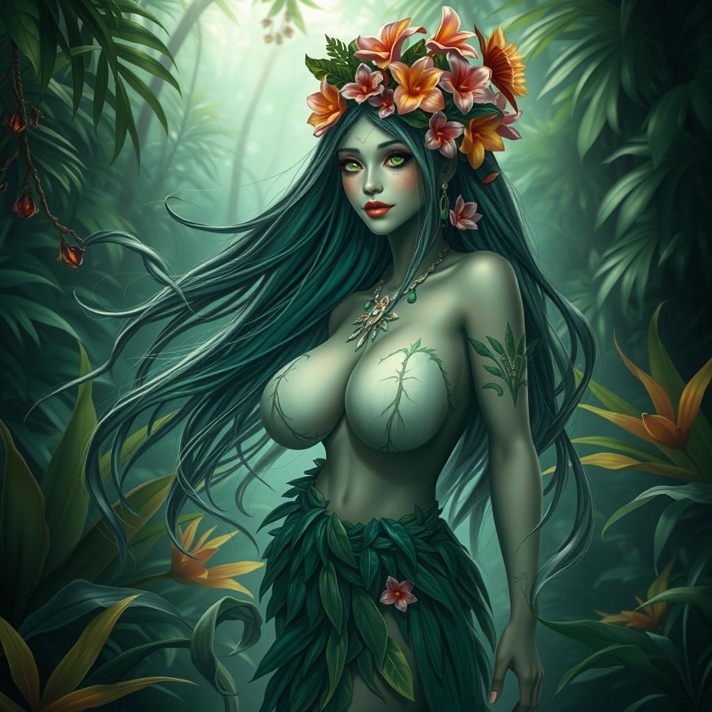 A beautiful hantu rimba (jungle ghost) depicted as a mesmerizing figure with large breasts, embodying the spirit of the wild