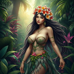 A beautiful hantu rimba (jungle ghost) depicted as a mesmerizing figure with large breasts, embodying the spirit of the wild