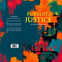 A visually stunning book cover design for "In Pursuit of Justice: Tales of Lawyer Ramachandra Shastry" by CHAITANYA, showcasing a vibrant abstract representation of Indian lifestyle with a modern outlook
