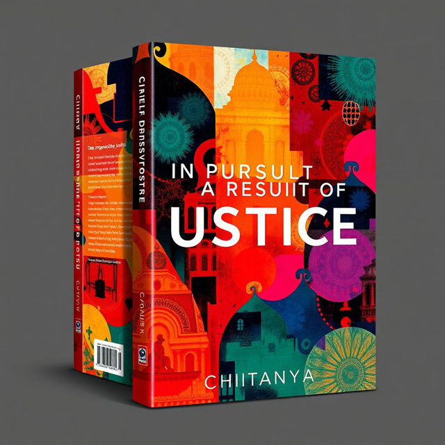 A visually stunning book cover design for "In Pursuit of Justice: Tales of Lawyer Ramachandra Shastry" by CHAITANYA, showcasing a vibrant abstract representation of Indian lifestyle with a modern outlook