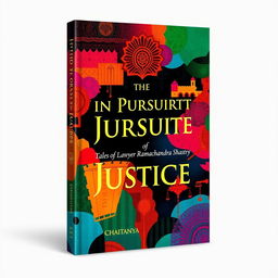 A visually stunning book cover design for "In Pursuit of Justice: Tales of Lawyer Ramachandra Shastry" by CHAITANYA, showcasing a vibrant abstract representation of Indian lifestyle with a modern outlook