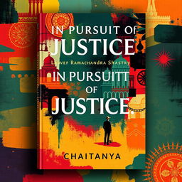 A visually stunning book cover design for "In Pursuit of Justice: Tales of Lawyer Ramachandra Shastry" by CHAITANYA, showcasing a vibrant abstract representation of Indian lifestyle with a modern outlook