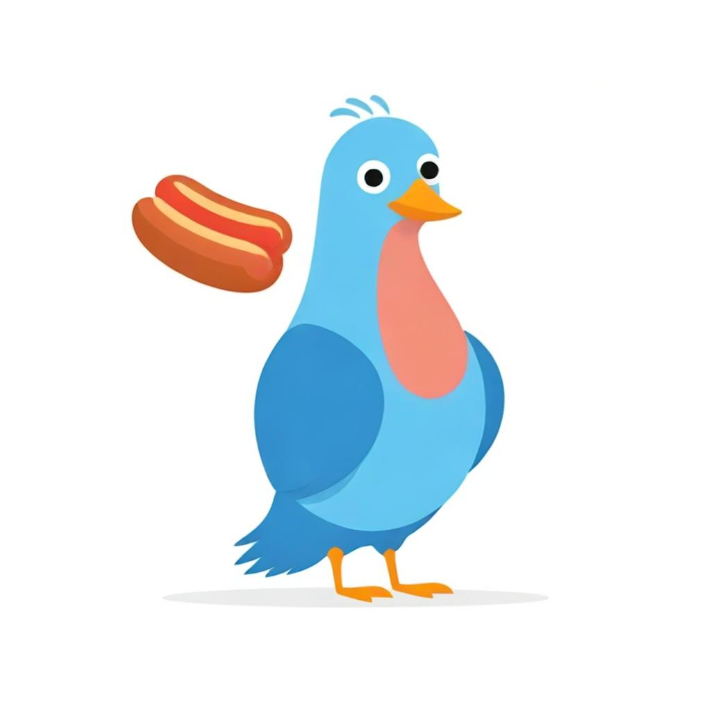 Humorous cartoon of a blue cardboard pigeon fused with a hot dog on a clean white background