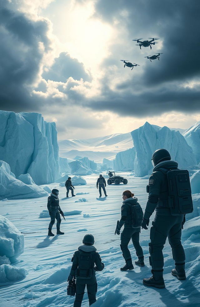 An epic scene showcasing a high-stakes confrontation between Team Kira, a group of heroic figures, and a shadowy organization known as Nexus, set against the icy landscape of Antarctica