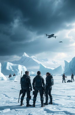 An epic scene showcasing a high-stakes confrontation between Team Kira, a group of heroic figures, and a shadowy organization known as Nexus, set against the icy landscape of Antarctica