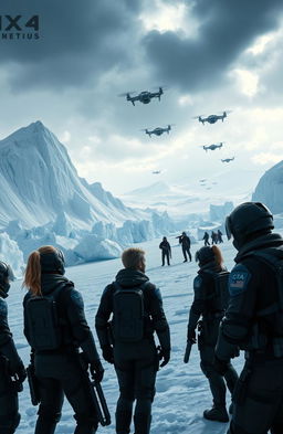 An epic scene showcasing a high-stakes confrontation between Team Kira, a group of heroic figures, and a shadowy organization known as Nexus, set against the icy landscape of Antarctica