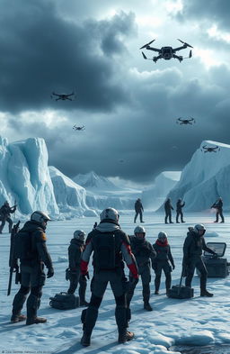 An epic scene showcasing a high-stakes confrontation between Team Kira, a group of heroic figures, and a shadowy organization known as Nexus, set against the icy landscape of Antarctica