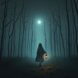 A dark and misty forest, barren of grass, filled with tall, skeletal dead trees reaching into the night sky, which is devoid of stars