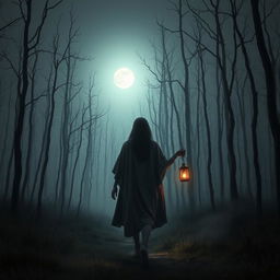 A dark and misty forest, barren of grass, filled with tall, skeletal dead trees reaching into the night sky, which is devoid of stars