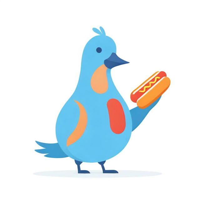 Humorous cartoon of a blue cardboard pigeon fused with a hot dog on a clean white background