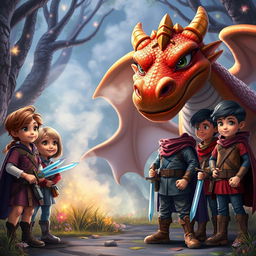 A group of children, diverse in appearance, showing bravery as they face a large, friendly dragon in a fantasy setting