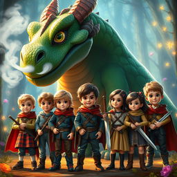 A group of children, diverse in appearance, showing bravery as they face a large, friendly dragon in a fantasy setting