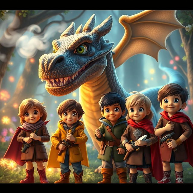 A group of children, diverse in appearance, showing bravery as they face a large, friendly dragon in a fantasy setting