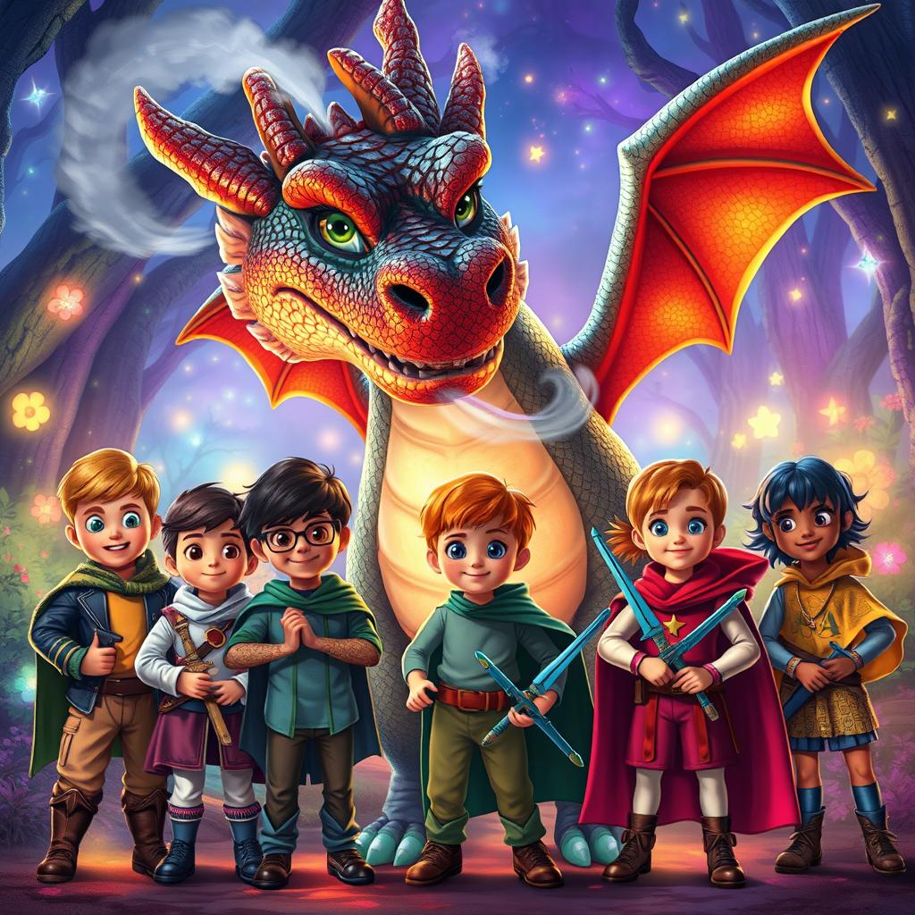 A group of children, diverse in appearance, showing bravery as they face a large, friendly dragon in a fantasy setting