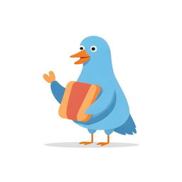 Humorous cartoon of a blue cardboard pigeon fused with a hot dog on a clean white background