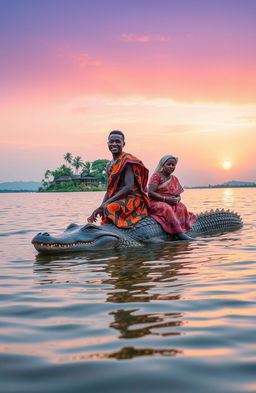 At dusk in the middle of a tranquil lake, a traditional African young man, around 30 years old, with a confident expression and wearing vibrant traditional attire, is riding on the back of a large crocodile alongside an old woman dressed in intricately designed traditional garments