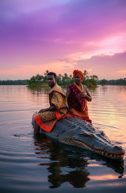 At dusk in the middle of a tranquil lake, a traditional African young man, around 30 years old, with a confident expression and wearing vibrant traditional attire, is riding on the back of a large crocodile alongside an old woman dressed in intricately designed traditional garments